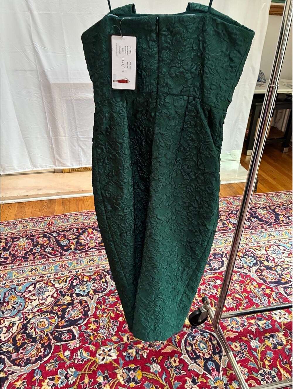Badgley Mischka Sz 4 Emerald Green Jacquard Cocktail Midi Dress Draped $550 - Picture 3 of 6